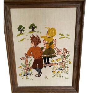 Vintage Hand made Crewel Wall Art‎ Boy and Girl Sitting on a Fence 70s framed